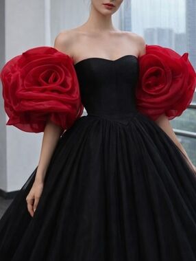 Off-Shoulder Red Rose Puff Sleeves